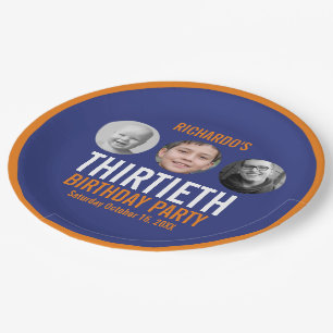 Prato De Papel Laranja azul 30 3 fotos aniversário