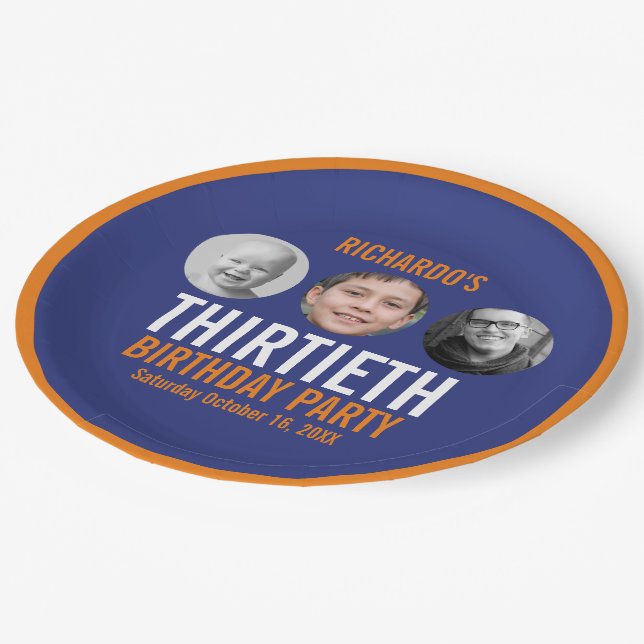 Prato De Papel Laranja azul 30 3 fotos aniversário (Inclinado)