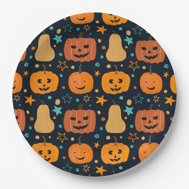 Prato De Papel Laranja Bonito Abóbora Halloween Jack O Lantern (Frente)
