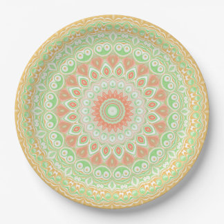 Prato De Papel Laranja Brilhante e Verde Verão Kaleidoscópio