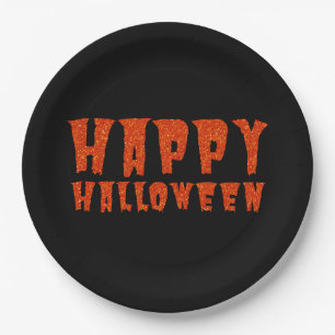 Prato de Papel Laranja com Brilho Feliz Halloween