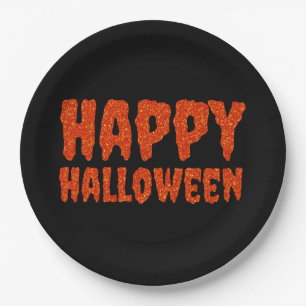 Prato de Papel Laranja com Brilho Feliz Halloween