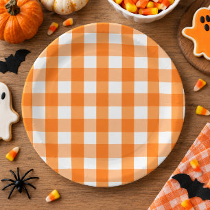 Prato De Papel Laranja e Gingham Branco - Cheque o Dia das Bruxas