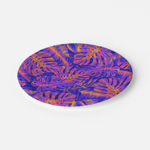 Prato De Papel Laranja Elétrico Azul Folhas de Palmeira Tropical 