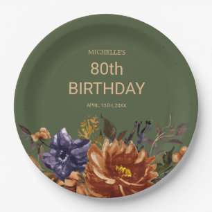 Prato De Papel Laranja Enferrujado Azul Floral Verde Aniversário