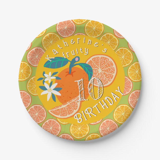 Prato de Papel Laranja Frutado 10º Aniversário (Frente)