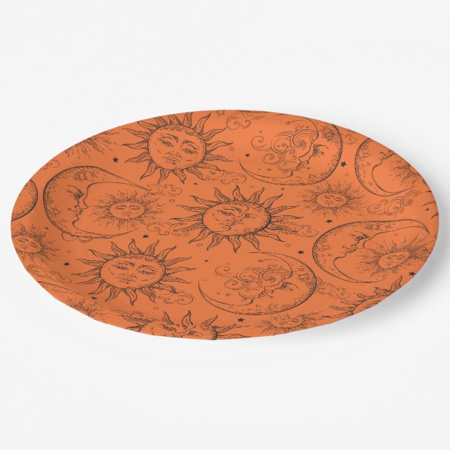 Prato De Papel Laranja Magia Antigo Celestial Sol Lua Estrelas (Inclinado)