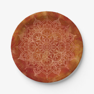 Prato De Papel Laranja Mandala e Dourado Glam Moderno Chic