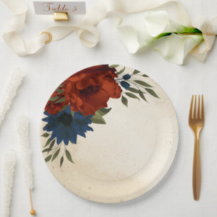 Prato De Papel laranja queimada e marinho azul floral