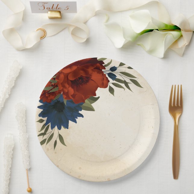 Prato De Papel laranja queimada e marinho azul floral (Casamento)