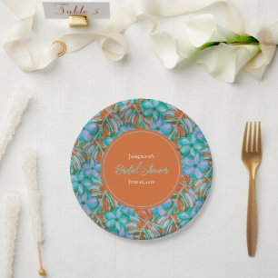 Prato De Papel Laranja Tropical e Chá de panela Floral Azul