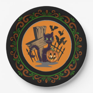 Prato De Papel Laranja Verde Gato Gato Gato Gato Bats Halloween