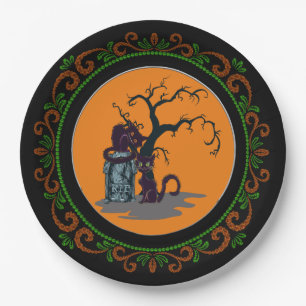 Prato De Papel Laranja Verde Gatos Pretos Tombstone Tree Hallowee