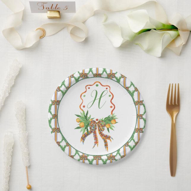 Prato De Papel Laranjas Aquarelas Xadrez Arco Monograma de Natal (Casamento)