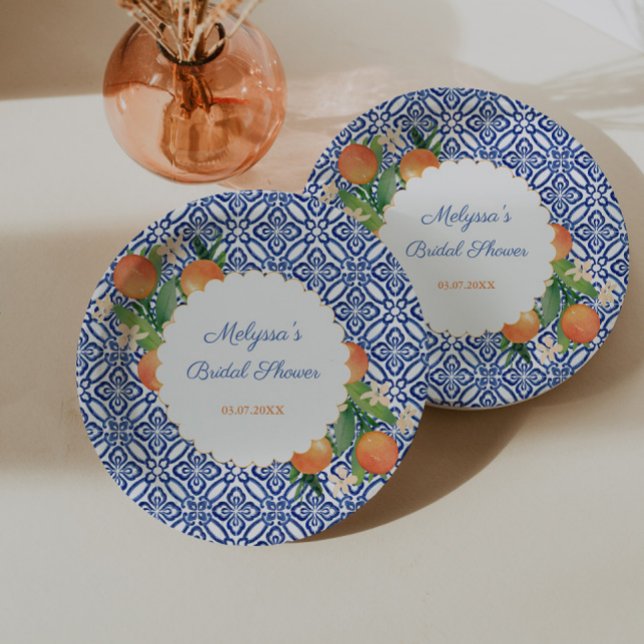 Prato De Papel Laranjas Casamento Classic Blue White Positano Chu (Classic oranges with blue white tile print for positano portofino bridal shower)