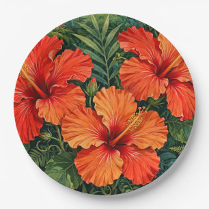 Prato De Papel Laranjas Luxuriantes Hibisco Flores Tropicais da S