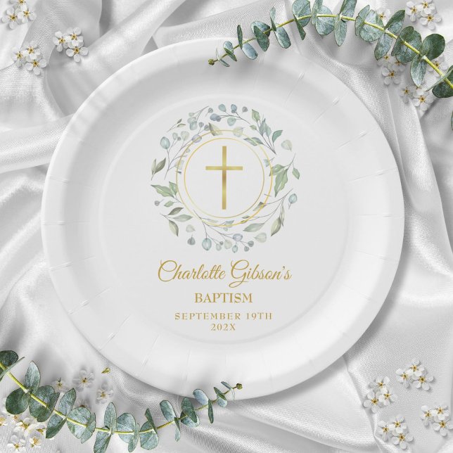 Prato De Papel Laurel Garland Faux Gold Foil Baptism Christening (Laurel Garland Faux Gold Foil Baptism Christening Paper Plates)