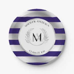 Prato De Papel Laurel Monogrammed Silver e Blue Formando Party