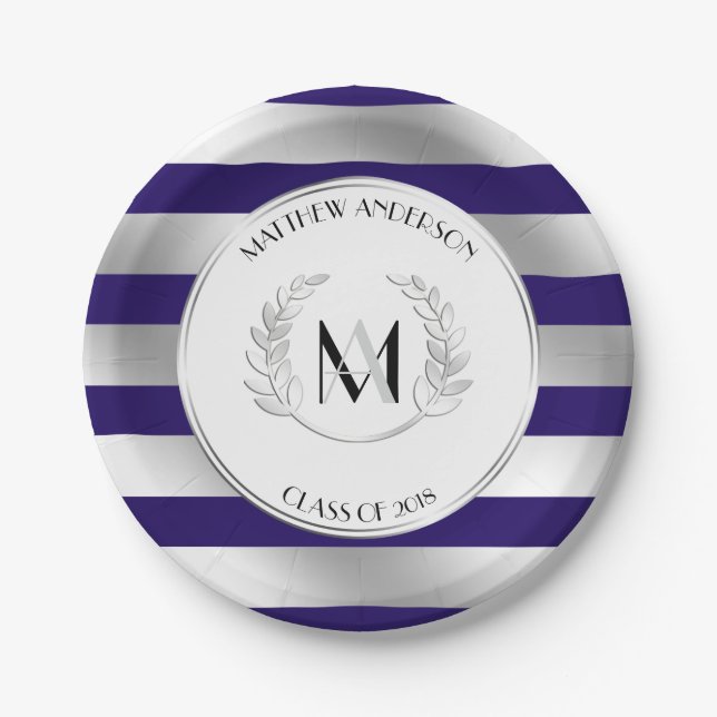 Prato De Papel Laurel Monogrammed Silver e Blue Formando Party (Frente)