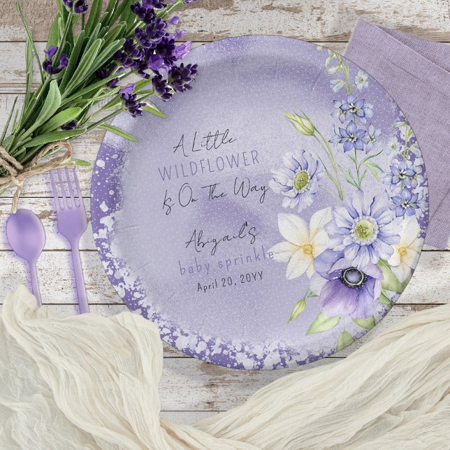 Prato De Papel Lavanda Boho Um Pequeno Précula De Febre Selvagem (A Little Wildflower Is On The Way Lavender Floral Baby Sprinkle Paper Plates)