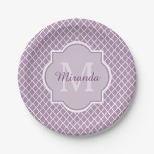 Prato De Papel Lavanda Bonito Quatrefoil Roxo Nome Monograma