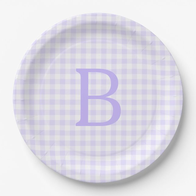 Prato De Papel Lavanda de Pastel e Monograma de Gingham Branco (Frente)