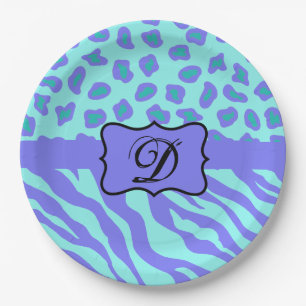 Prato De Papel Lavanda de Turquesa Zebra Leopardo Monograma