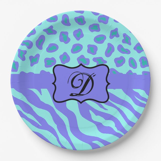 Prato De Papel Lavanda de Turquesa Zebra Leopardo Monograma (Frente)