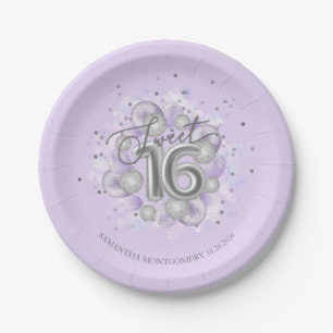 Prato De Papel Lavanda do Partido Silver Foil Sweet 16 Bday Ballo