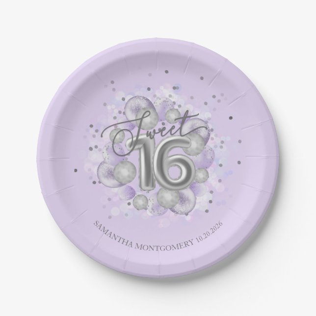 Prato De Papel Lavanda do Partido Silver Foil Sweet 16 Bday Ballo (Frente)