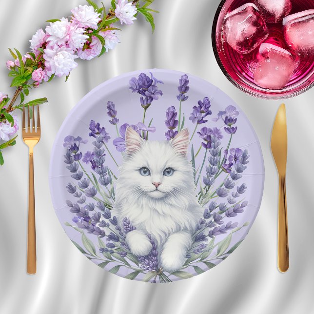 Prato De Papel Lavanda Elegante e Aniversário de Gato (Criador carregado)