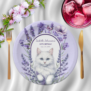 Prato De Papel Lavanda Elegante e Aniversário de Gato