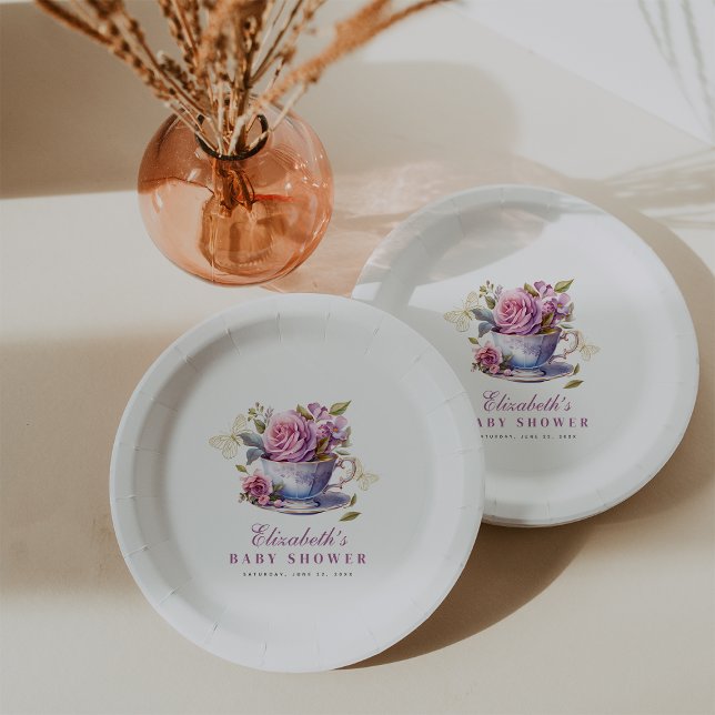 Prato De Papel Lavanda Floral Tea Cup Baby Tea Party Chá de frald (Lavender Floral Tea Cup Baby Tea Party Baby Shower Paper Plates #babyteaparty
#butterflybabyshower)