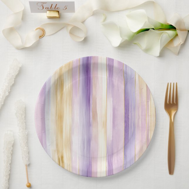Prato De Papel Lavanda Roxo Dourado Listras Chá de Noiva (Casamento)