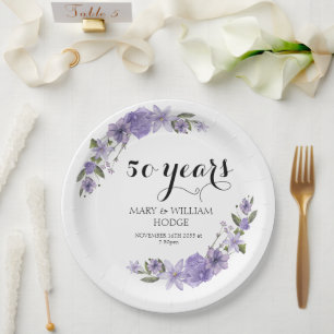 Prato De Papel Lavanda roxo floral 50º aniversário de casamento