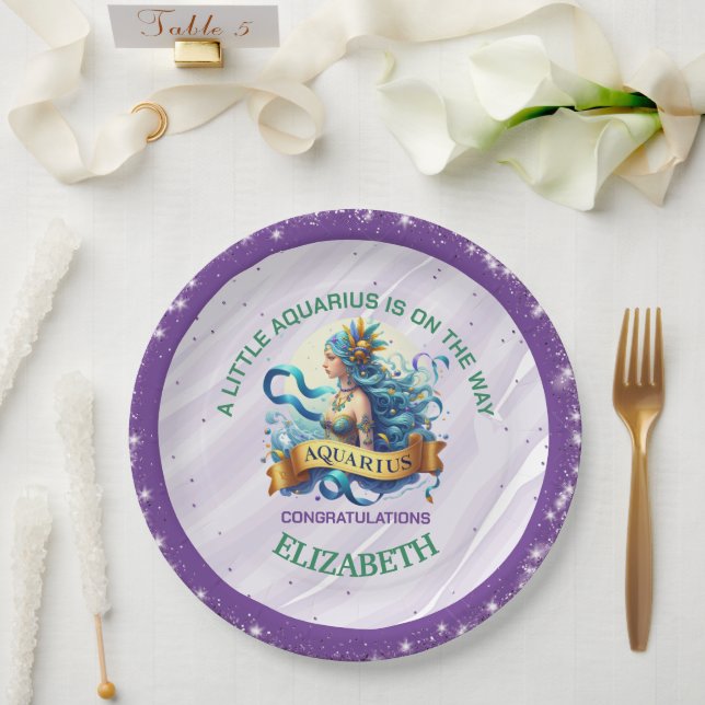 Prato De Papel Lavender and Green Aquarius Zodiac Baby Shower (Casamento)