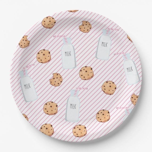 Prato De Papel Leite e Biscoitos Listras Rosa Festa de Aniversári (Frente)