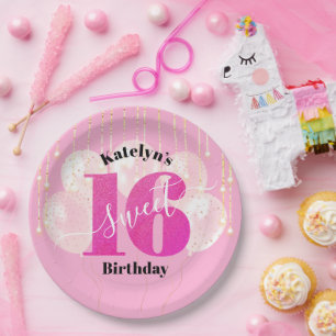 Prato De Papel Leitura Rosa Doce 16 Balões de Aniversário Script