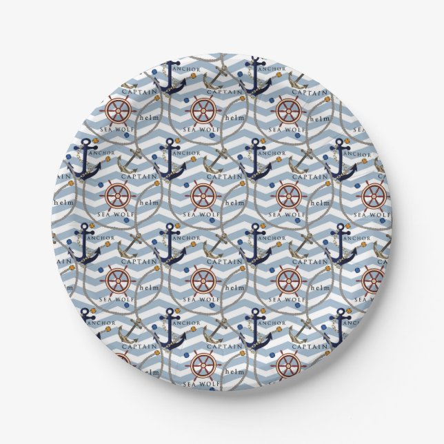 Prato De Papel Leme náutico, leme branco azul zigzag (Frente)