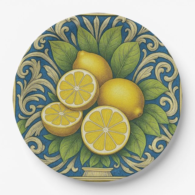 Prato De Papel Lemon Almafi Blue Mediterranean Art Nouveau (Frente)