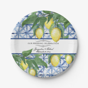 Prato De Papel Lemon Citrus Floral Foliage Wreath Blue White