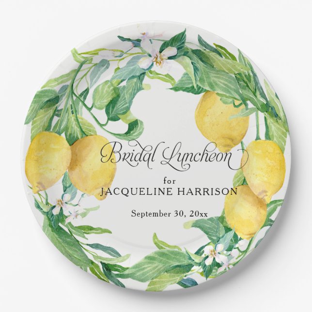 Prato De Papel Lemon Leaf Greenery Floral Wreath Bridal Luncheon (Frente)