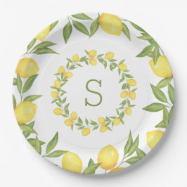 Prato De Papel Lemons Greenery Monograma Elegante