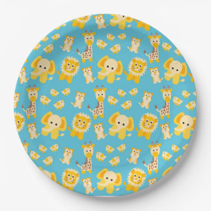 Prato De Papel Leões Elefantes Safári animais Amarelo Azul