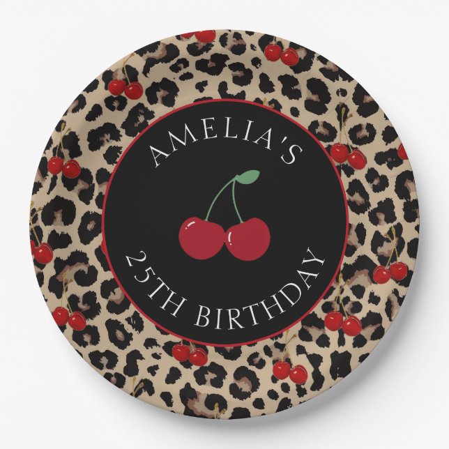 Prato De Papel Leopard Cheetah Cherry Birthday Party Paper Plates (Frente)