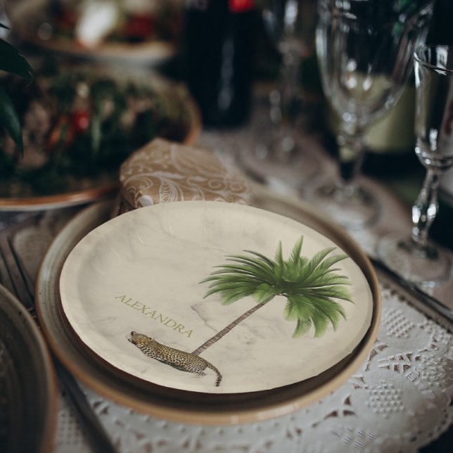 Prato De Papel Leopard Print Patterno Elegante Palm Personal (Criador carregado)