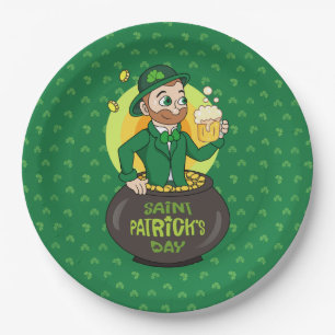 Prato De Papel Leprecaína de desenho animado em pote de ouro segu