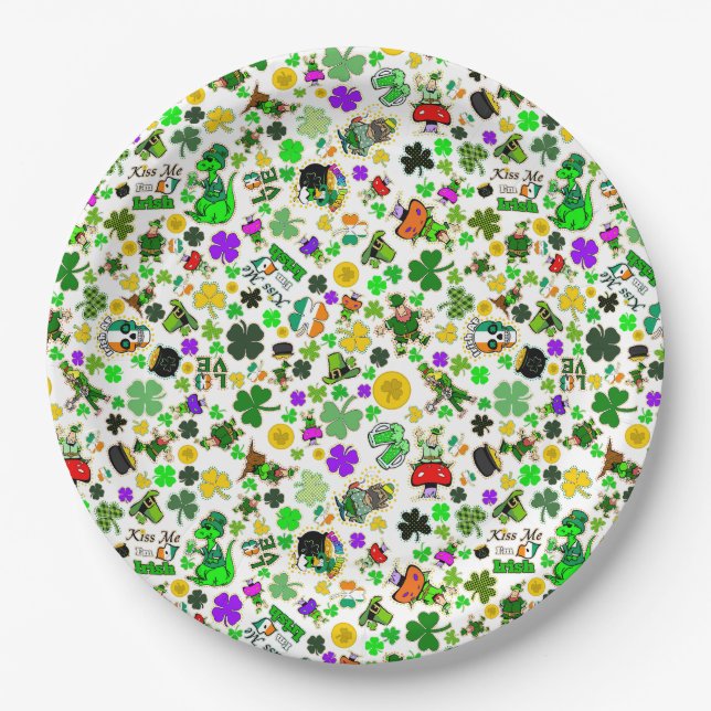 Prato De Papel Leprechaires Shamrocks Dourados Cogumelos Me Beija (Frente)