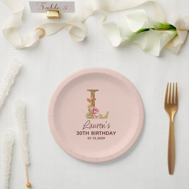 Prato De Papel Letra L Monograma Dourado Rosas Rosa Beijo (Casamento)