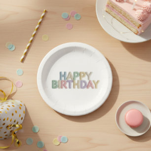 Prato De Papel Letras em Feltro Pastel Feliz Aniversário